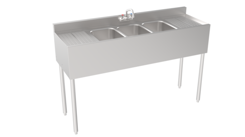 Krowne Metal  18-53C  Silver Series Three Compartment Sink with Two, 60'' W x 18.5'' D, 10''D x 14''W x 10''H bowl with wall mount faucet i