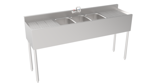 Krowne Metal  18-63C  Silver Series Three Compartment Sink with Two Drainboards, 72'' W x 18.5'' D, 10''D x 14''W x 10''H bowl with wall mount faucet