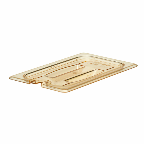 Cambro 40HPCHN150 H-Pan Cover, high heat, 1/4 size, notched, with handle, amber