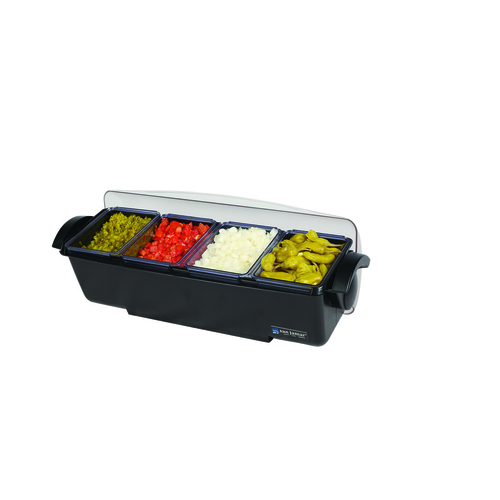 CFS Brands  BD4004  The Dome Condiment Center, 22''L, 12 pint capacity, holds (4) 3 pint deep trays, semi-transparent cover, black polycarbonate base