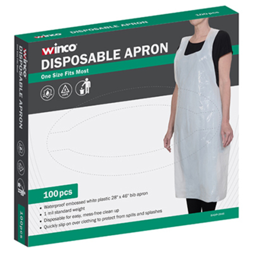Winco BADP-2846 Disposable Bib Apron, 46'' x 28'', waterproof, plastic, white (100 each per box)