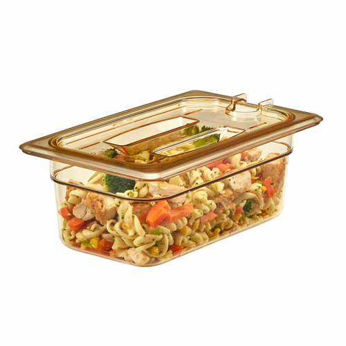 Cambro 40HPCHN150 H-Pan Cover, high heat, 1/4 size, notched, with handle, amber