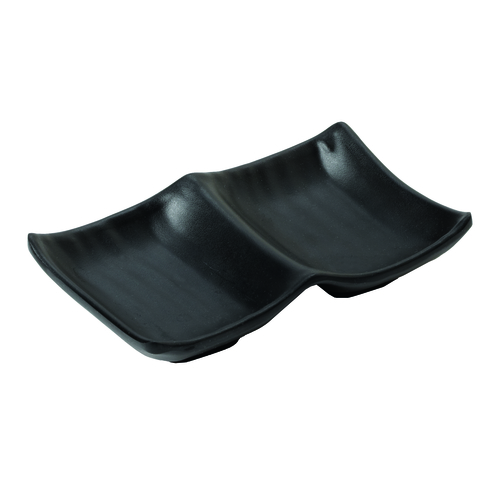 G.E.T. Enterprises  SD-5525-BK  2.5 oz., 5.5'' x 3.5'' 2-Compartment Sauce Dish, 0.5'' deep