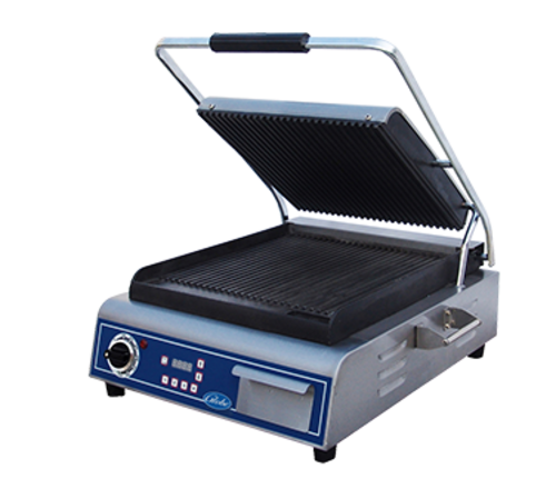 Globe GPG14D Sandwich/Panini Grill, countertop, electric with timer and programmable presets, cast iron grooved plates, 14'' x 14'' surface, 120v
